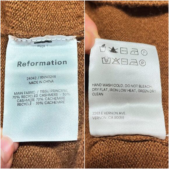 REFORMATION Recycled Cashmere Crewneck Sweater in Cinnamon Brown Size L - Picture 8 of 8